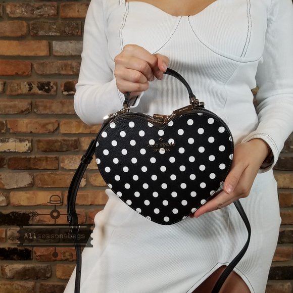 Authentic Kate Spade Heart LOVE SHACK POLKA dot crossbody BLACK WHITE NEW - Picture 7 of 13